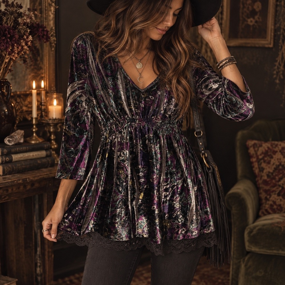 Energé Velvet Paisley top S Whimsigoth 90s Boho Lace fairy empire lace trim